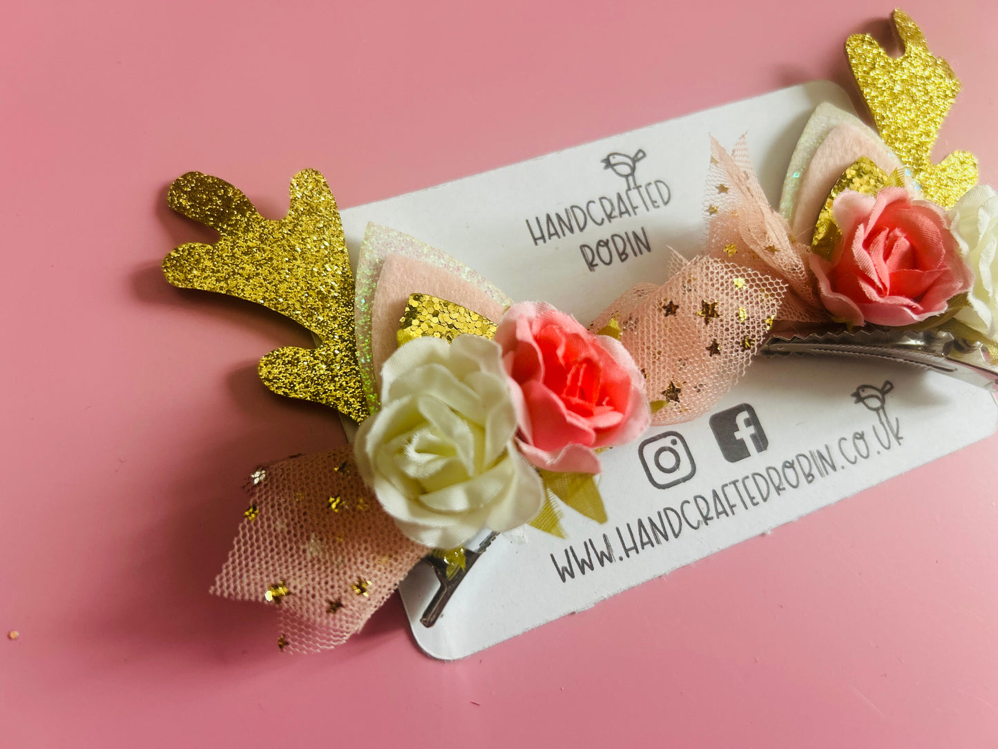 Pink Floral Antler Clips
