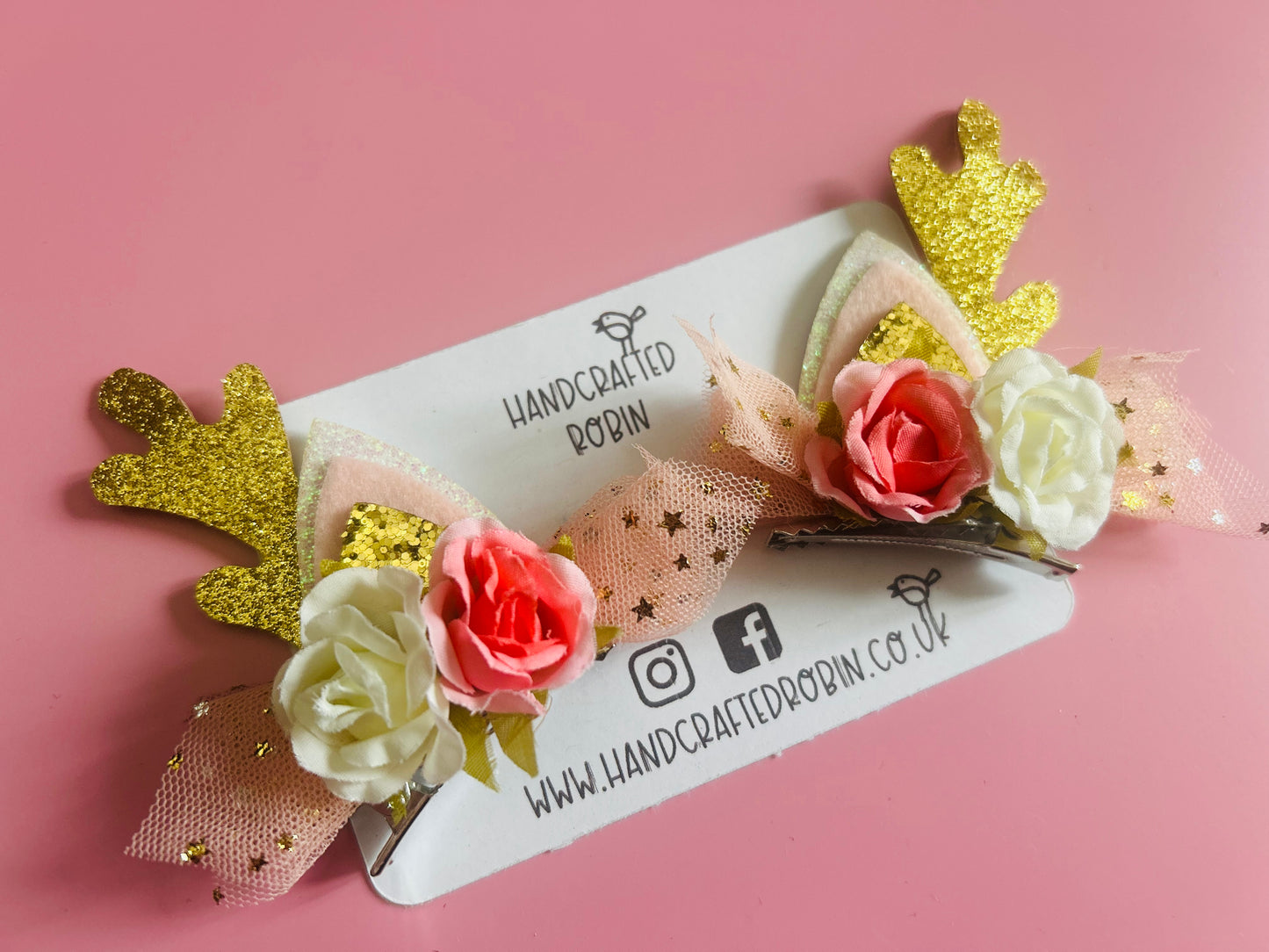 Pink Floral Antler Clips