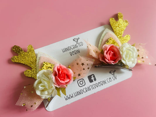 Pink Floral Antler Clips